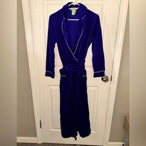 Vintage Evelyn Pearson Blue Velour White piping Long Lounge Robe Size Small